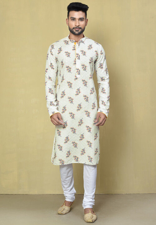 Printed Rayon Kurta Set in Off White