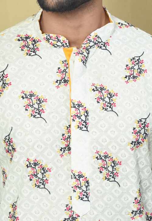 Printed Rayon Kurta Set in Off White