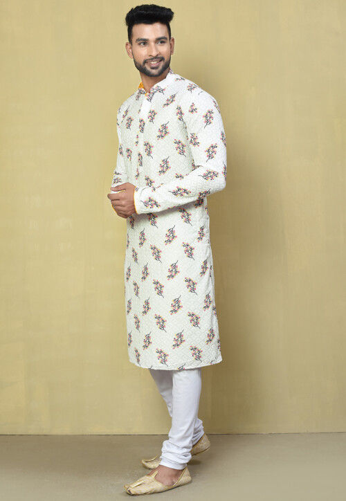 Printed Rayon Kurta Set in Off White