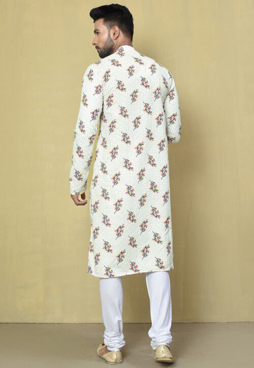 Printed Rayon Kurta Set in Off White