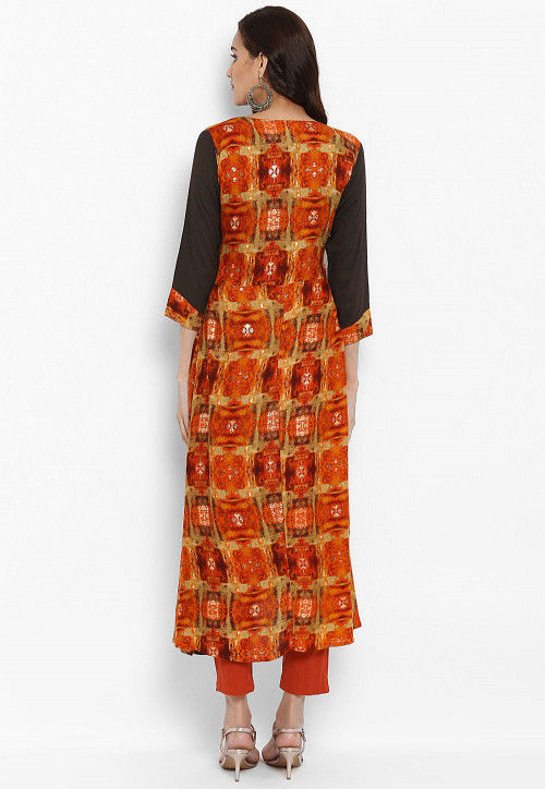 Printed Rayon Layered Kurta in Orange and Brown