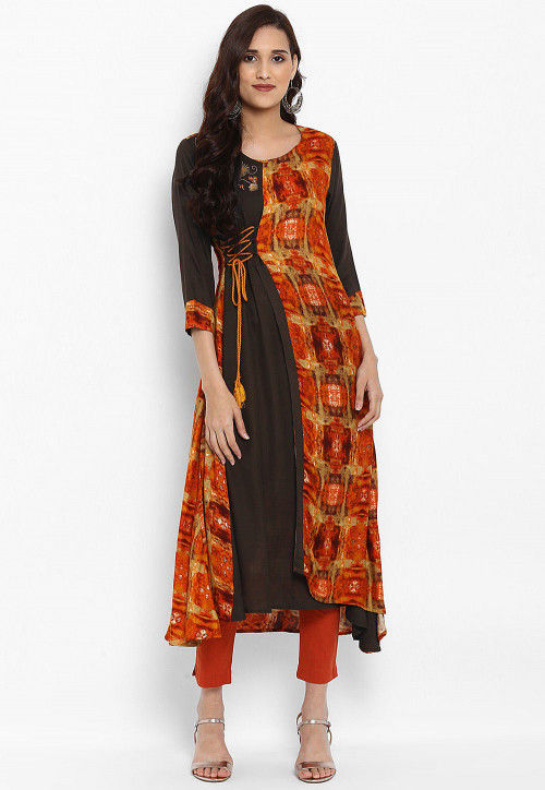 Printed Rayon Layered Kurta in Orange and Brown