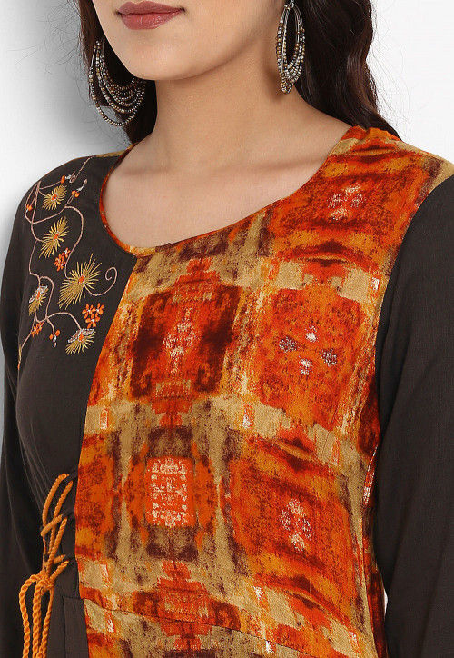 Printed Rayon Layered Kurta in Orange and Brown