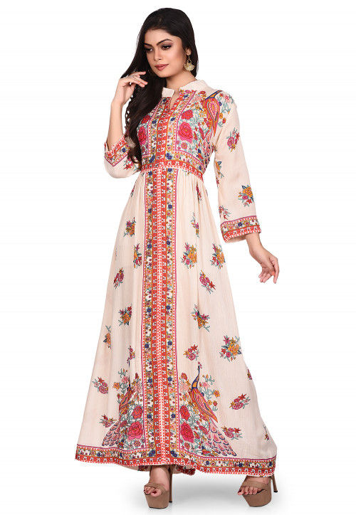Printed Rayon Long Kurta in Light Beige
