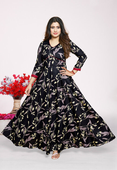 Buy Printed Rayon Maxi Dress in Black Online TWD77 Utsav Fashion