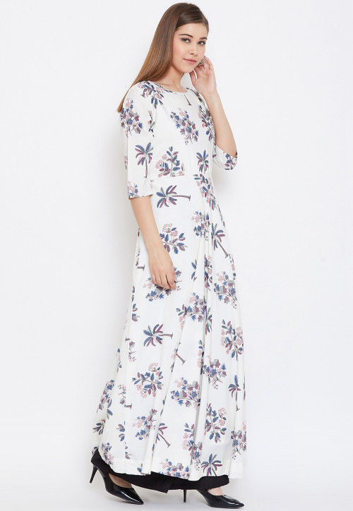 Printed Rayon Maxi Dress in Off White : TPA1171