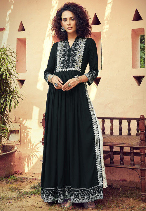 Printed Rayon Pakistani Suit in Black : KCH7282