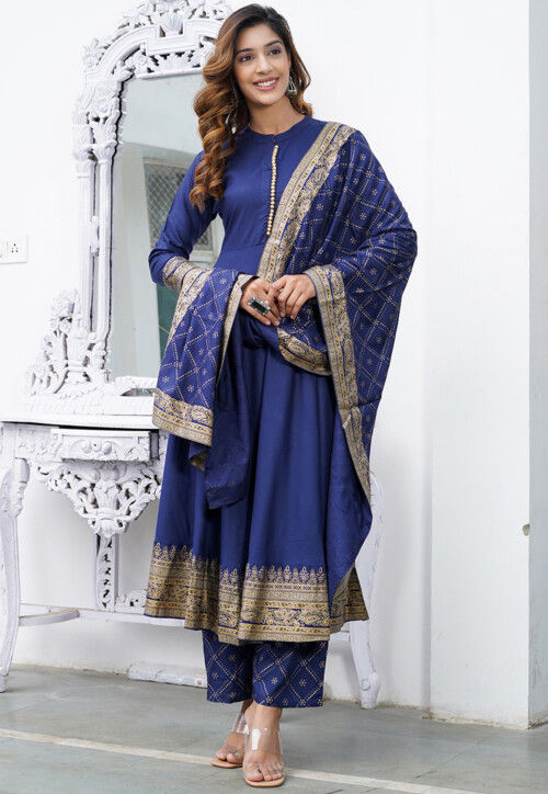 Printed Rayon Pakistani Suit in Navy Blue