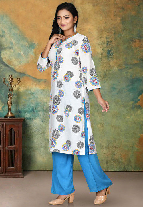 Printed Rayon Pakistani Suit in Off White : KLKX11