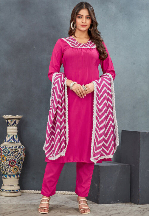 Printed Rayon Pakistani Suit in Pink
