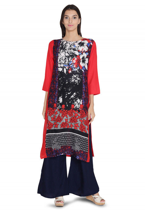 Printed Rayon Straight Kurta in Multicolor and Red