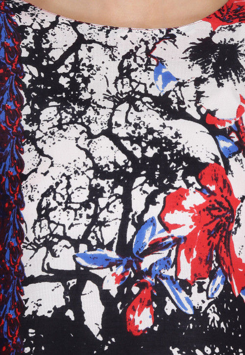 Printed Rayon Straight Kurta in Multicolor and Red