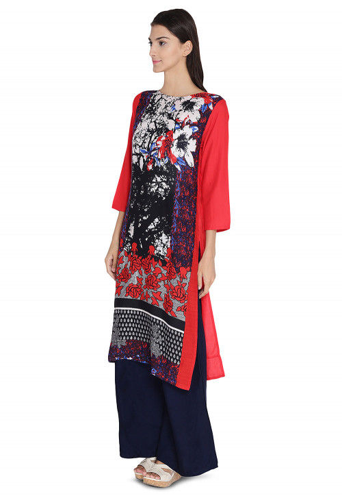 Printed Rayon Straight Kurta in Multicolor and Red