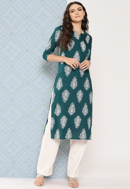Printed Rayon Straight Kurta in Teal Green