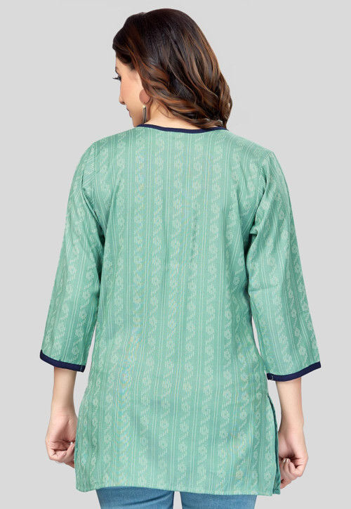 Printed Rayon Straight Kurti in Teal Green