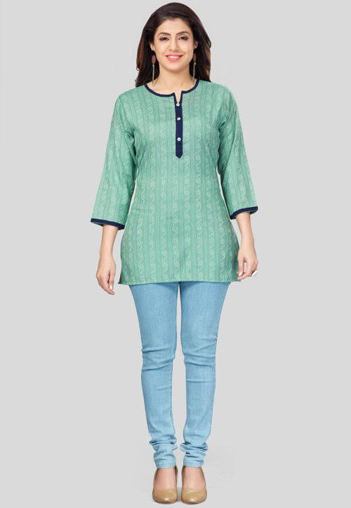Printed Rayon Straight Kurti in Teal Green