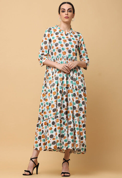 Printed Rayon Tiered Kurta in Off White and Multicolor