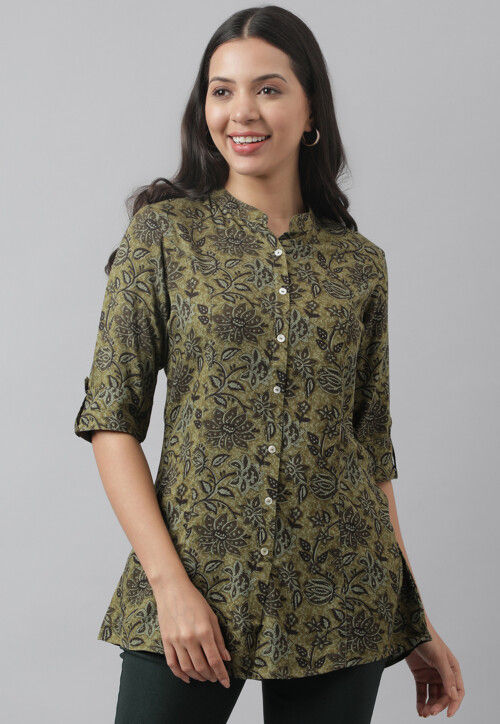 Printed Rayon Top in Olive Green