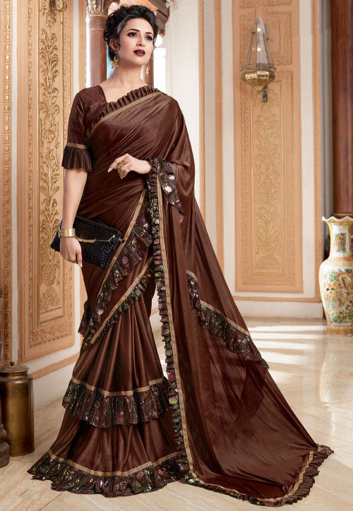 Buy Designer Saree - Elegant Chocolate Brown Pure Satin Silk Saree –  Empress Clothing