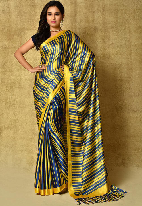 Navy blue saree with yellow blouse online