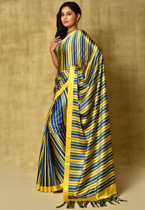 Printed Satin Saree in Yellow and Navy Blue