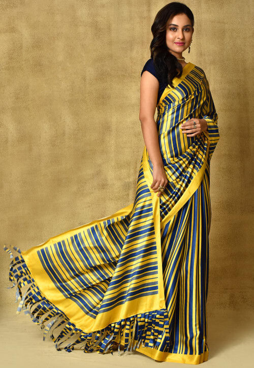 Printed Satin Saree in Yellow and Navy Blue