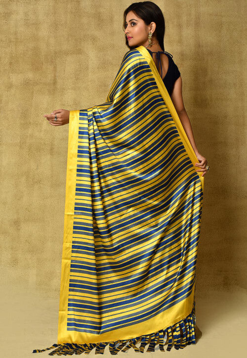 Printed Satin Saree in Yellow and Navy Blue