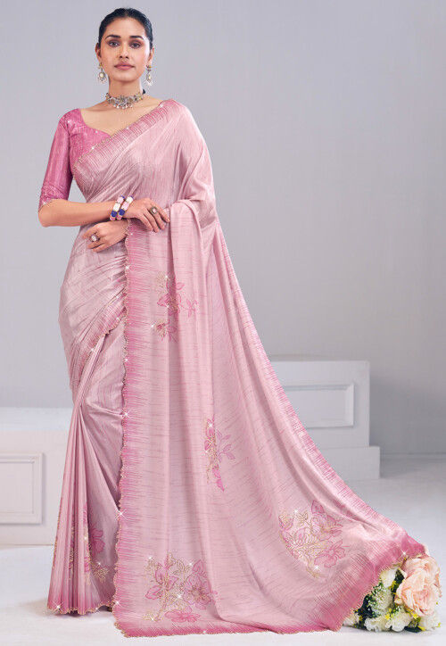 Printed Satin Scalloped Saree in Pink
