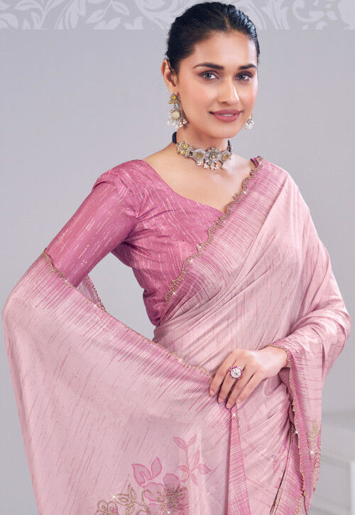 Printed Satin Scalloped Saree in Pink