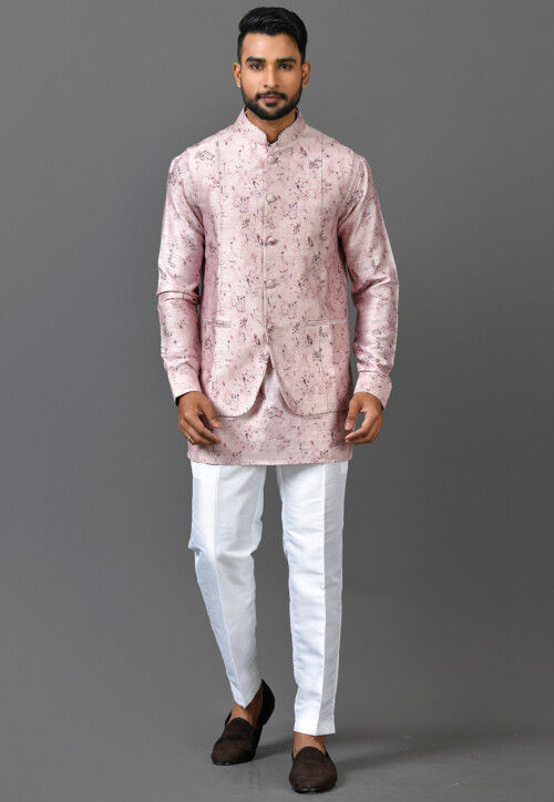 Printed Satin Silk Short Kurta Set in Light Pink