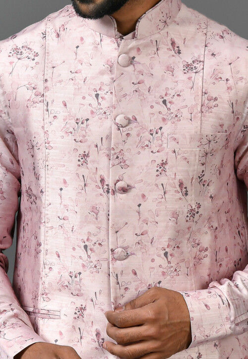 Printed Satin Silk Short Kurta Set in Light Pink