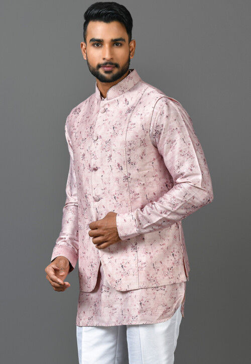 Printed Satin Silk Short Kurta Set in Light Pink