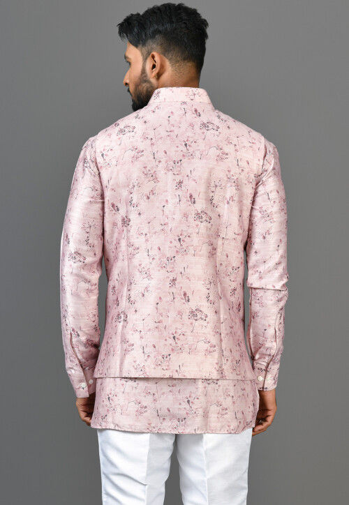 Printed Satin Silk Short Kurta Set in Light Pink