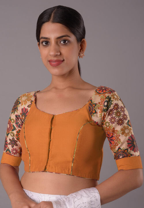 Printed Sleeve Cotton Silk and Art Silk Blouse in Dark Beige and Beige