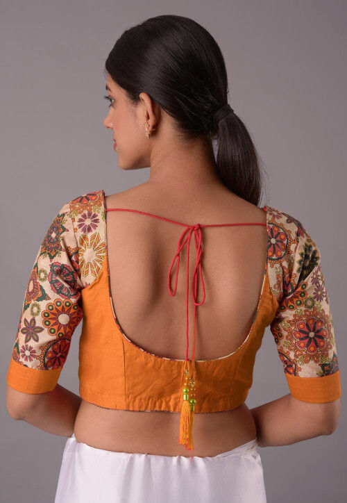 Printed Sleeve Cotton Silk and Art Silk Blouse in Dark Beige and Beige