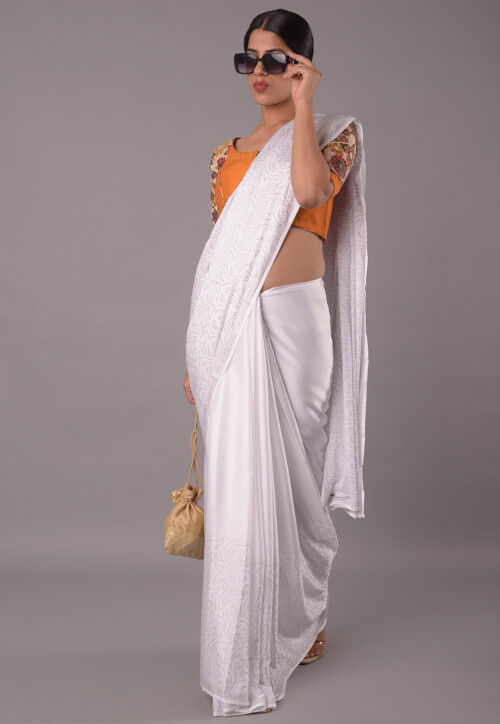 Printed Sleeve Cotton Silk and Art Silk Blouse in Dark Beige and Beige