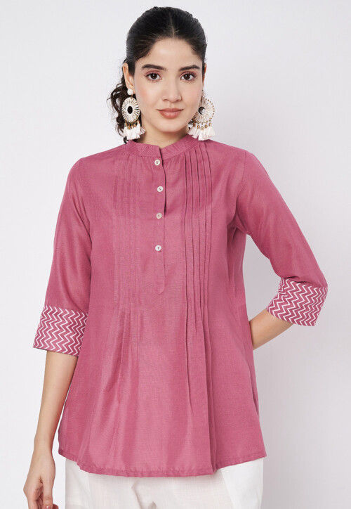 Printed Sleeves Cotton Top in Pink
