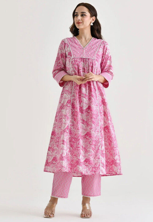 Printed Slub Cotton Straight Kurta Set in Pink