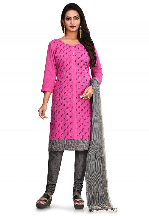 Printed South Cotton Straight Suit in Pink
