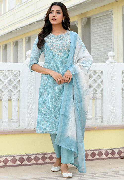 Buy Printed Tissue Linen Pakistani Suit in Pastel Blue Online - Main Image