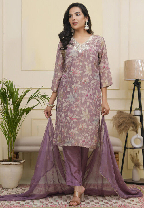 Printed Tissue Silk Pakistani Suit in Purple