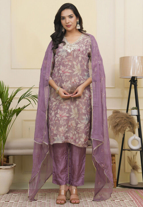 Printed Tissue Silk Pakistani Suit in Purple