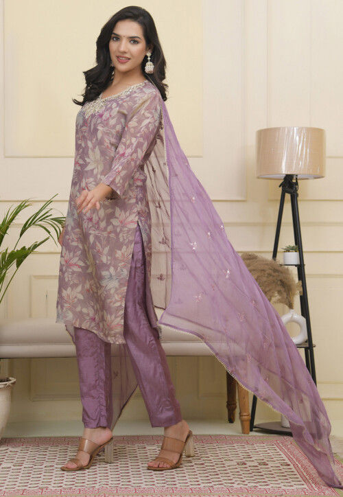 Printed Tissue Silk Pakistani Suit in Purple