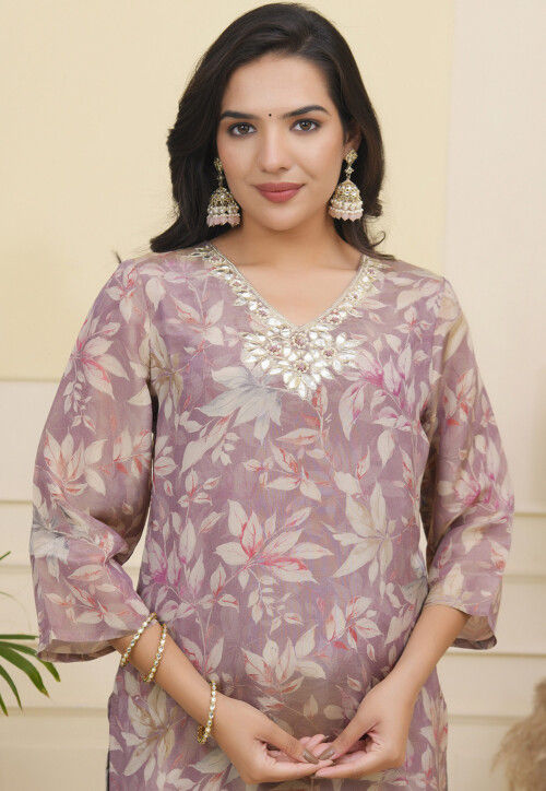 Printed Tissue Silk Pakistani Suit in Purple