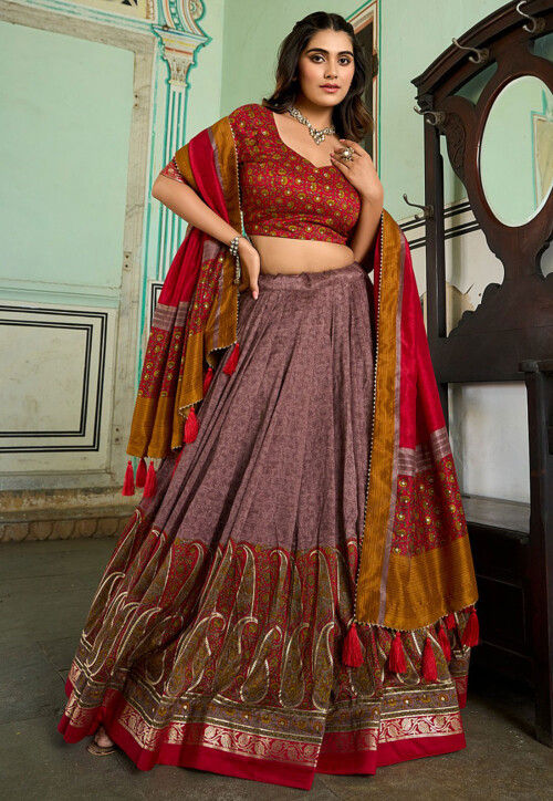 Printed Tussar Silk Lehenga in Old Rose