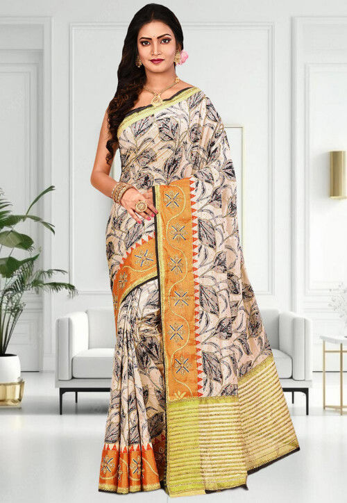 Printed Uppada Silk Saree in Off White