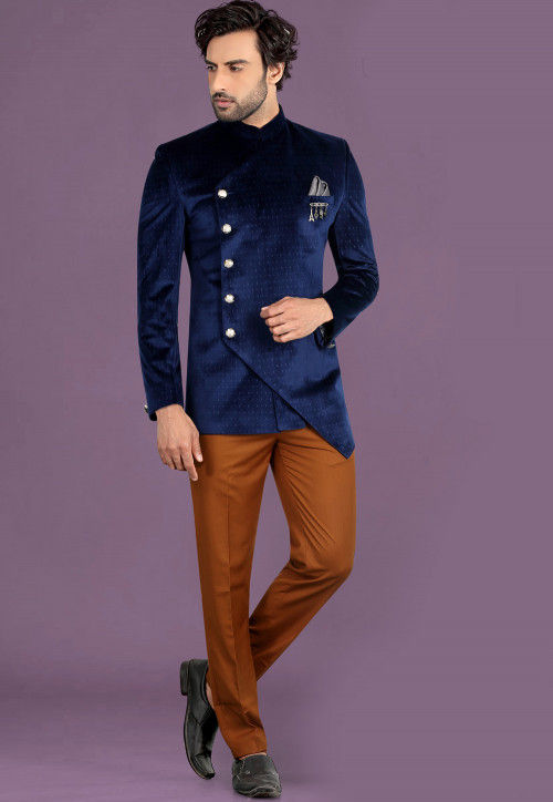 Brocade Jodhpuri Suit in Navy Blue : MHG1939