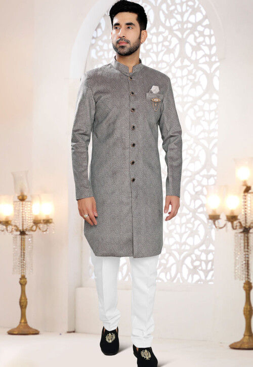 Printed Velvet High Low Sherwani in Grey