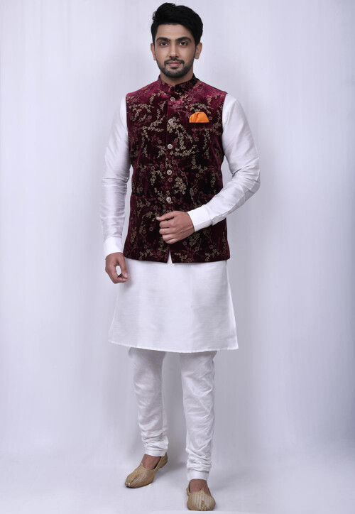 Printed Velvet Nehru Jacket in Maroon