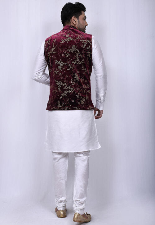 Printed Velvet Nehru Jacket in Maroon